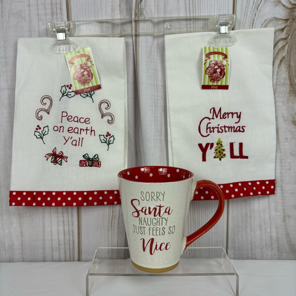 Naughty Feels Nice Coffee Mug & Merry Christmas Ya'll Hand Towels Holiday Set
